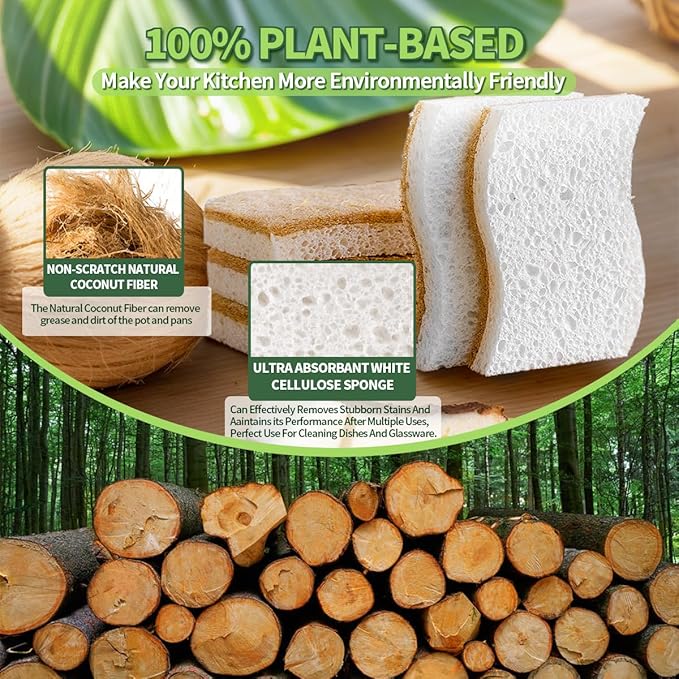 Sponges Kitchen Natural Dish Sponge Plant-Based Biodegradable Compostable Cellulose with Coconut Scrubber Sponge Non Scratch Eco Friendly Kitchen sponges for Kitchen Dishes（Pack of 12）