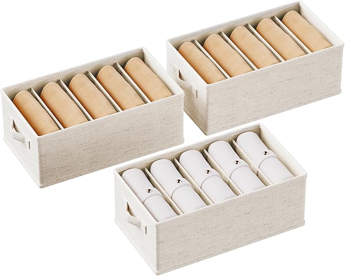 3 Pack Large Wardrobe Clothes Organizer and Storage, Fabric Sweater Organizer for Closet with Handles 5 Grids Foldable Drawer Dividers for Pants, Jeans, T-shirts, 20.8"×11.2"×7.5"