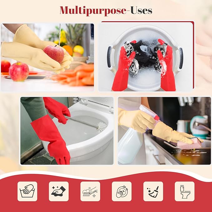 Rubber Cleaning Gloves for Dishwashing - 4 Pairs Kitchen Gloves for Washing Dishes, Reusable Household Gloves for Bathroom, Gardening (Small, Beige)