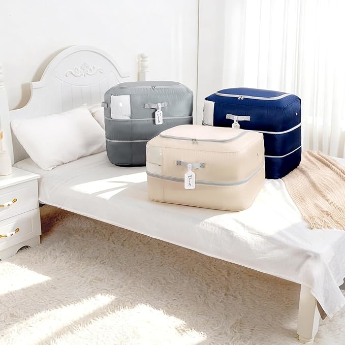 Comforter Storage Bag - 110L Large Capacity Blanket Storage Bags 2-Layer Ultra Space Saving Self Compression Organizer, Washable Compression Bags for Storage Comforter Blanket, 6-Pack, Beige