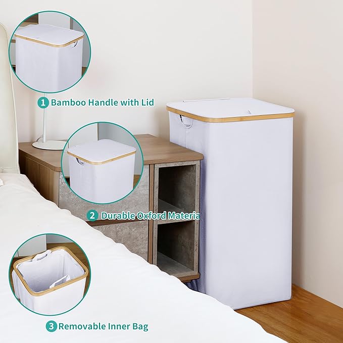 iEGrow 110L Laundry Hamper with Lid，Dirty Clothes Hampers for Laundry,Laundry Basket with Bamboo Handles and Removable Bag,Hamper for Bedroom, Bathroom, Dorm, Laundry Room, White