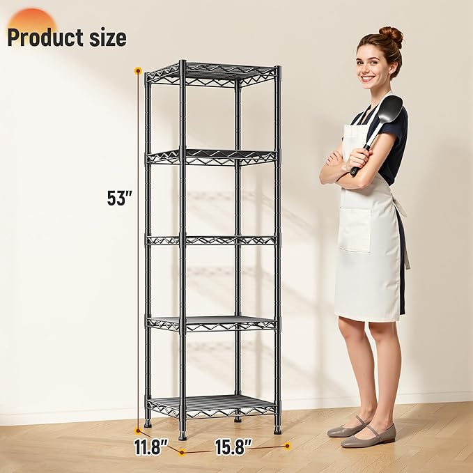 5 Tier Metal Shelving Unit Wire Shelving,Storage Shelves for Small Space:Adjustable Storage Rack Standing Bathroom Shelf and Narrow Shelf for Laundry Dorm Kitchen Pantry Closet15.8"w*11.8"D*53"H