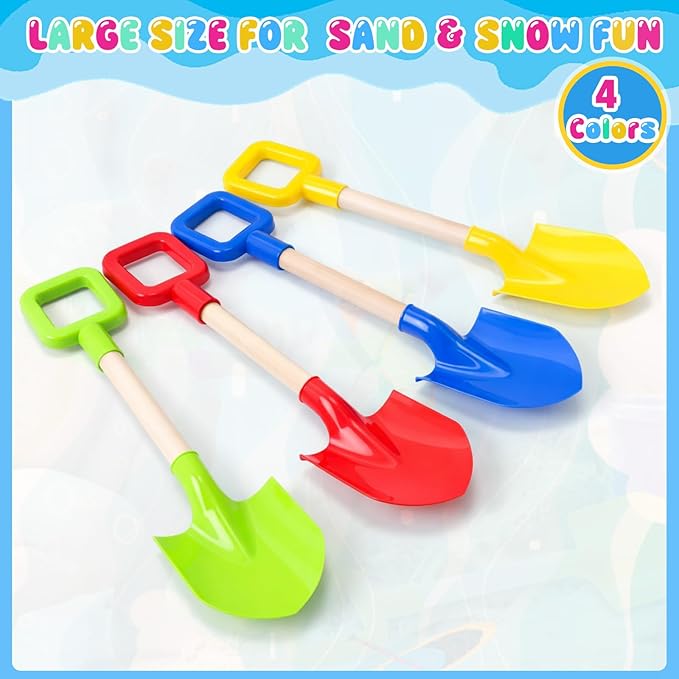 Honoson 4 Pack 16 Long Beach Spades Sand Shovels Toys Gardening Tools Sets Sandbox Sturdy Scoop Durable Wood Handle ABS Plastic Spade for Garden Sand Snow Backyard Summer Favors (Bright Color)