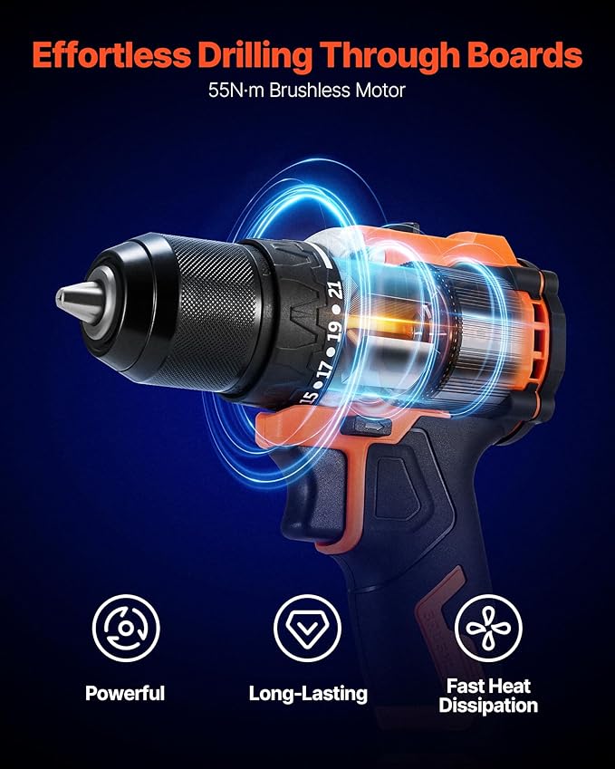 VEVOR Cordless Drill Driver, 1/2 inch Metal Chuck, Brushless Motor, Dual-Speed Variable, Drill Driver Kit with Lithium Battery and Charger, Tool Box, for Wood and Metal Drilling, Screw Driving