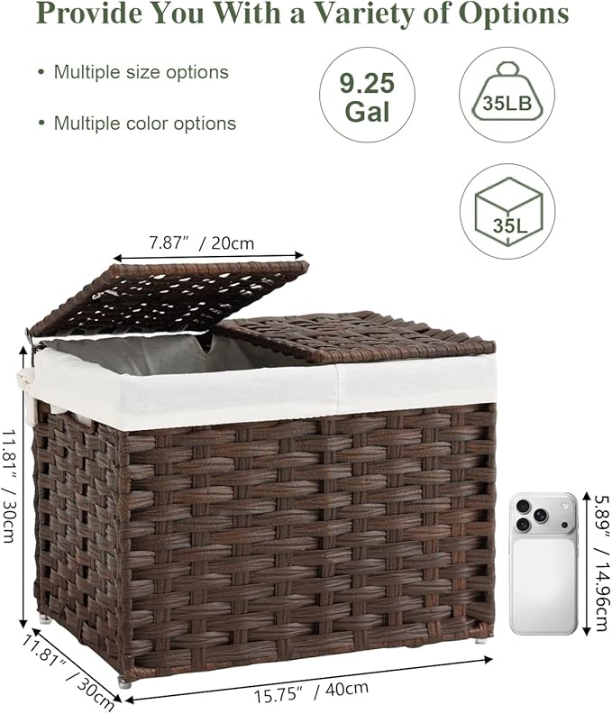 Storage Basket with Lid Woven Wicker Baskets with 2 Separate Lid, 9.2 Gallon (35 L) Wicker Storage Bins with Handles, Foldable and 2 Removable Liner Bags for Bedroom, Laundry Room Brown