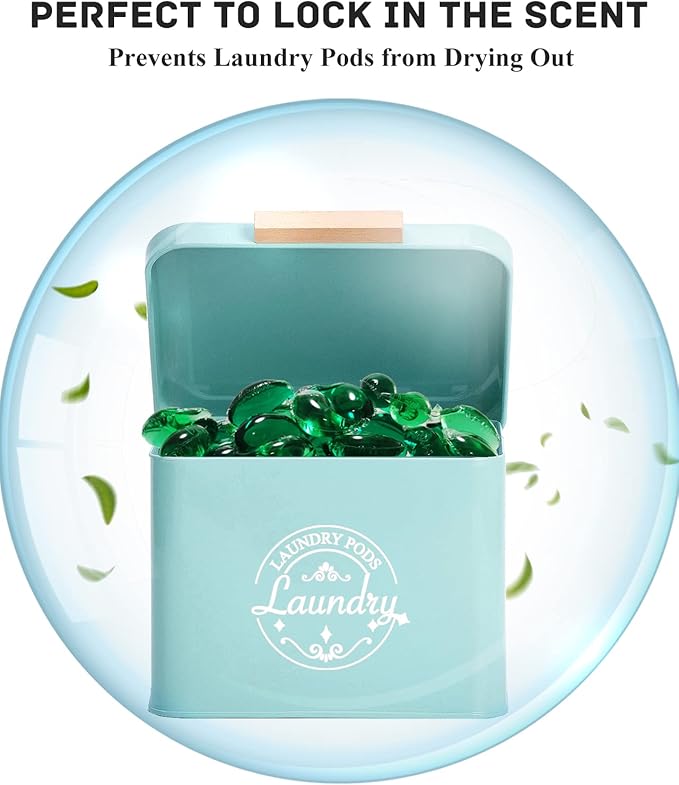 SACREDAY Laundry Pods Holder with Hinged Lid, Farmhouse Space-Saving Metal Container for Laundry Room Decor Organization and Storage, Detergent Dispenser for Efficient Laundry Room Use (Green)