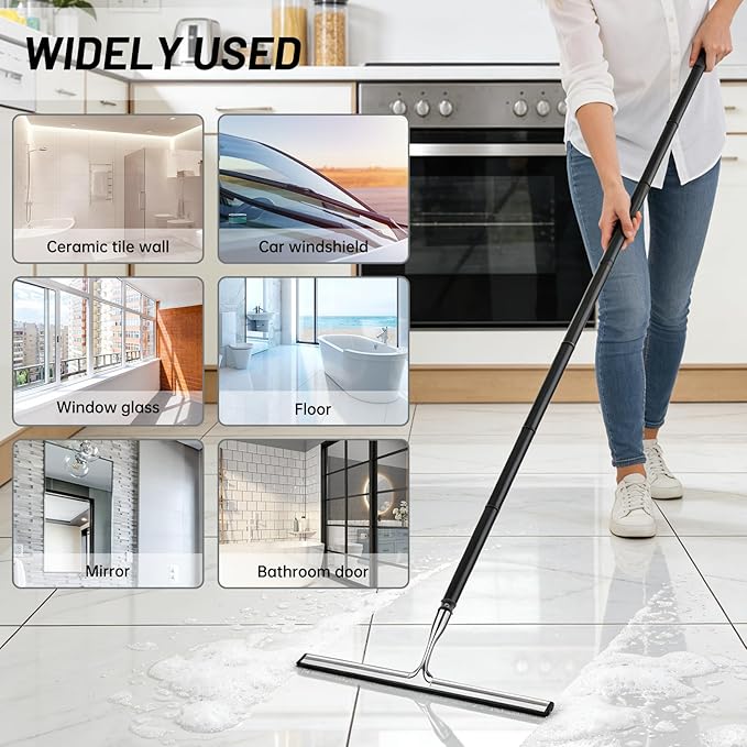 Squeegee for Shower Glass,Shower Squeegee for Glass Doors,Telescopic Window Squeegee for High Windows,Includes Towel Sleeves,Replacement Silicone Blade&Hooks,2 in 1 Queegee for Window Cleaning Kit