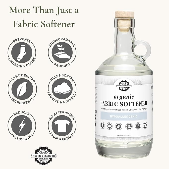 Rustic Strength Natural Fabric Softener, Non-Toxic, Biodegradable, Reduces Static, Removes Soap Build-Up, HE Compatible, 24 oz Glass