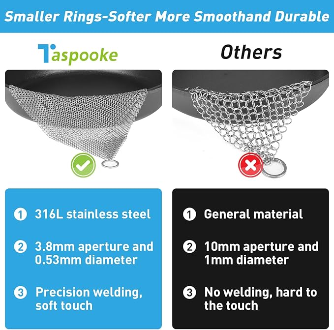 Cast Iron Cleaner and Chainmail Skillet Scrubber - 10''x10'' Upgraded 3.8mm Small Ring, 316L Stainless Steel Fine Rings - Durable Scraper for Skillets, Pans, Griddles & Containers