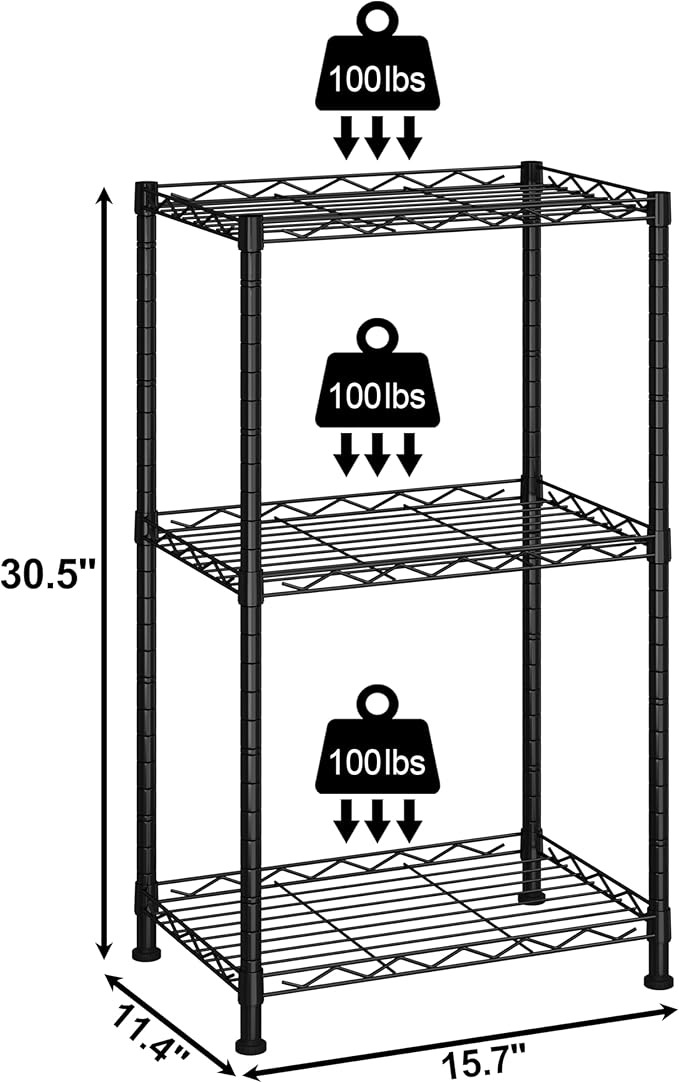 HOMEFORT Storage Shelves, 3-Wire Shelving, Metal Shelving Unit Adjustable Storage Shelves Rack for Kitchen, Pantry, Bathroom, Black, 15.7" W x 11.4" D x 30" H