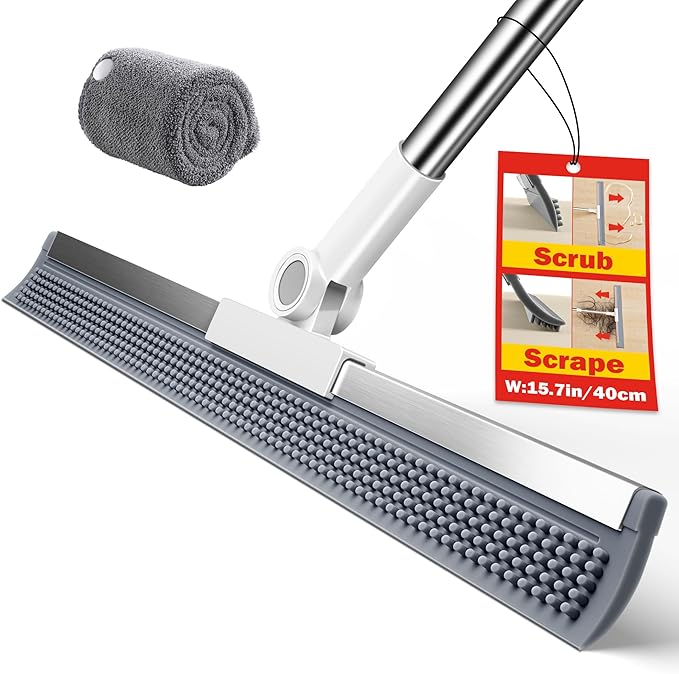 Floor Squeegee for Concrete Floors, 180° Rotating Silicone Broom, Squeegee for Floor with Long Handle and Dual-Sided Blade Design, Water and Pet Hair Remover for Bathroom Floors, Tile, Deck and Glass