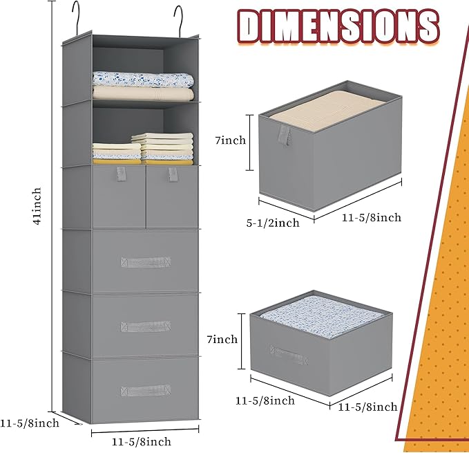 6-Shelves Hanging Closet Organizer with 5 Different Drawers, Foldable Closet Organizers and Storage for Wardrobe, Closet& RV, Clothes and Accessories Storage, Non-Woven Fabric, Gray