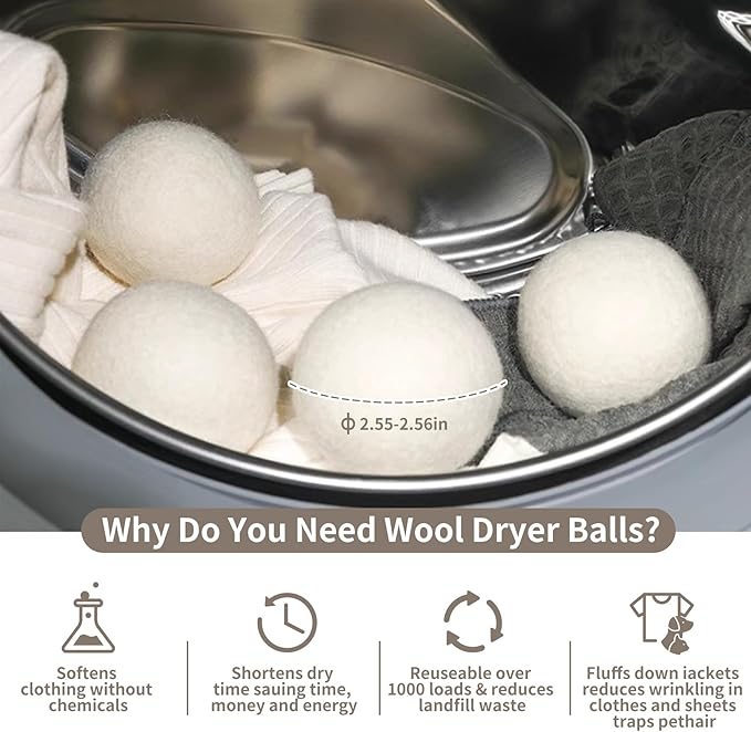 Wool Dryer Balls, 100% New Zealand Wool 12 Pack Reusable & Natural Fabric Softener Alternative Reduces Static Wrinkles Saves Drying Time, Ideal for Sensitive Skin Clothes(Brilliant White)