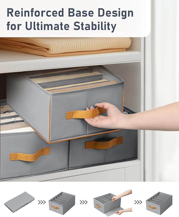 DIMJ Large Wardrobe Clothes Organizers - Foldable Closet Clothing Organizer for Jean Sweater Shirt Pants Underwear Bra, Divided Clothes Drawer, Grey Closet Shelf Organizer Boxes