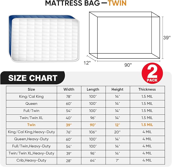 2 PK Twin Mattress Bags for Moving, Waterproof & Tear-Resistant Plastic Mattress Bag for Storage, Disposal & Moving Supplies