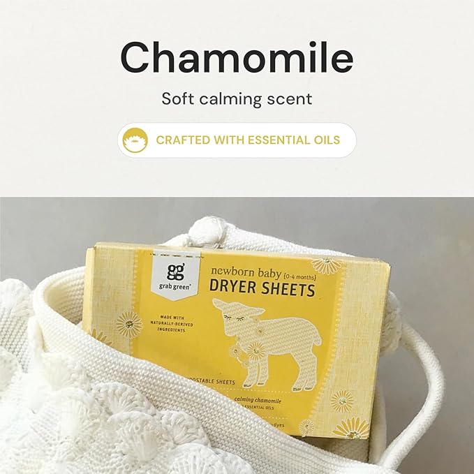 Grab Green Newborn Baby Dryer Sheets - Natural Scent Booster and Fabric Softener to Reduce Wrinkles and Static (Calming Chamomile Scent, 40 Sheets Total)