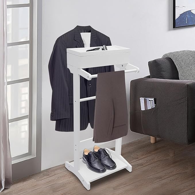 TFCFL Wooden Suit Rack with Drawer & Trouser Holder, Multi-functional Coat Stand for Hats/Scarves/Belts, Space-Saving Standing Suit Valet Stand for Home/Office, 22lbs Load Capacity (White)