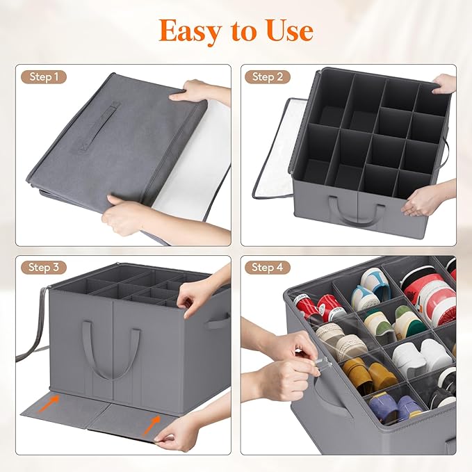Lifewit Shoe Storage Organizer for Closet, Fabric Large Shoe Box Storage Containers with Clear Cover, Foldable Bins for Boots Heels Sneakers Fits 48-64 Pairs (Each 12-16 Pairs) 4 Pack Gray
