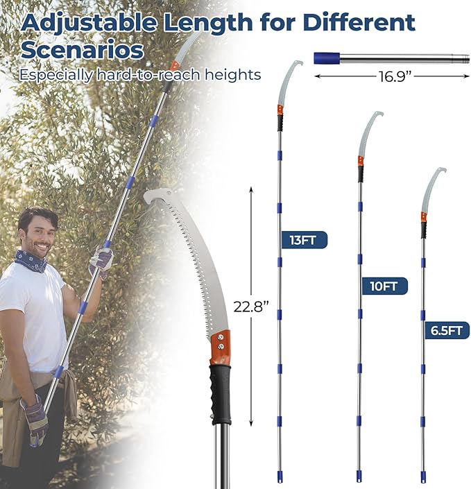 13FT Pole Saws for Tree Trimming with Sharp Pruning Blade | Comfort Grip & 28mm Stainless Steel Tree Trimmer Pole for Yard Garden and Patios High Branches Cutting