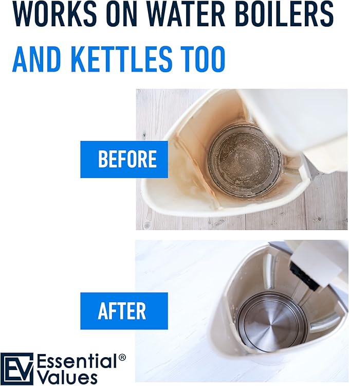 Essential Values Universal Descaler - Espresso Descaling Solution - Coffee Machine Cleaner - Critic Acid Tea Kettle Urn Water Distiller Cleaner - Manufactured in USA - 8 Pack