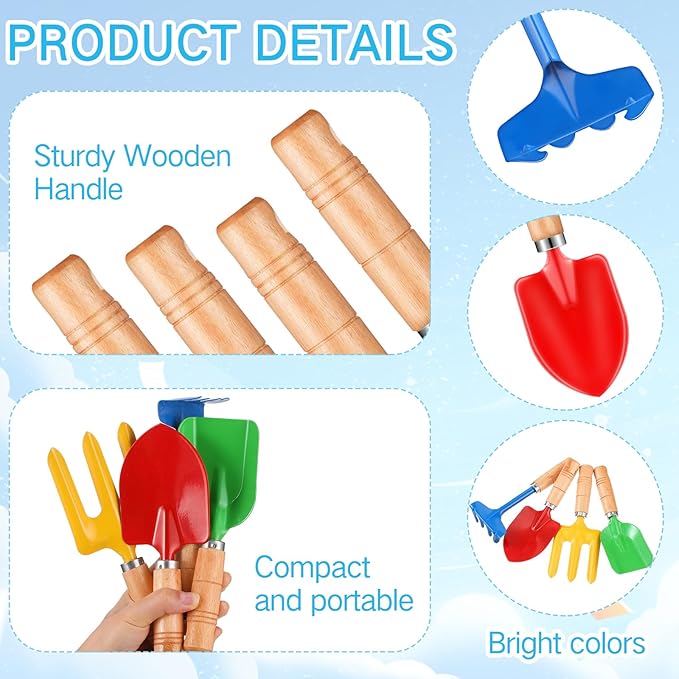 8" Kids Gardening Tools, Metal Beach Sandbox Digging Toys with Wooden Handle, Including Shovel, Rake, Fork and Trowel, Garden Sand Snow Tools for Children Gift Outdoor Gardening(12 Pcs)
