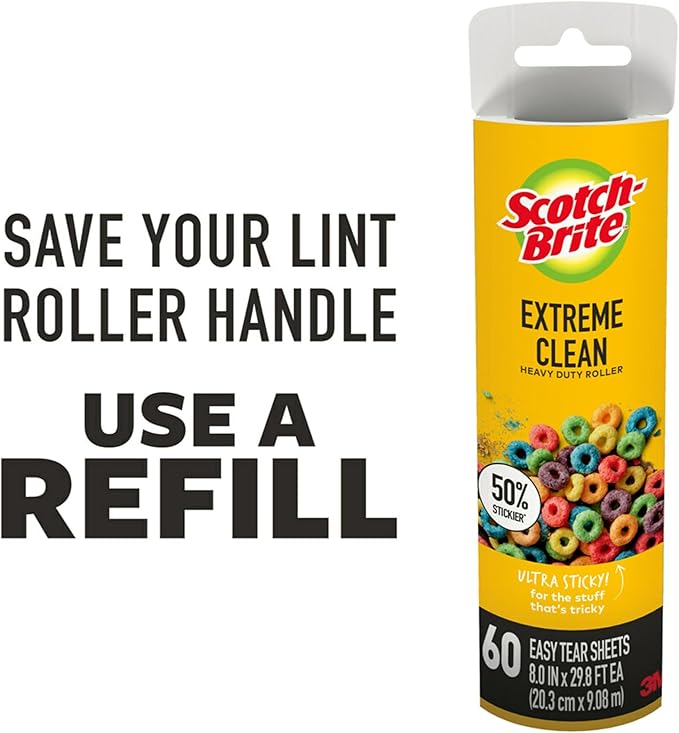 Scotch-Brite Extreme Clean Large Lint Roller, 50% Stickier*, Heavy Duty for Removing Debris and Pet Hair on Clothes, Furniture, Cars, Offices & More, 1 Pack, 60 Adhesive Sheets Total
