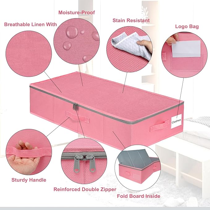 punemi Under Bed Storage Containers, Pink Underbed Storage With Rigid Side/Bottom Support, Closet Organizers And Storage Bins, Blankets Clothes Comforters Storage Bag, Dorm Room Essentials For Girls