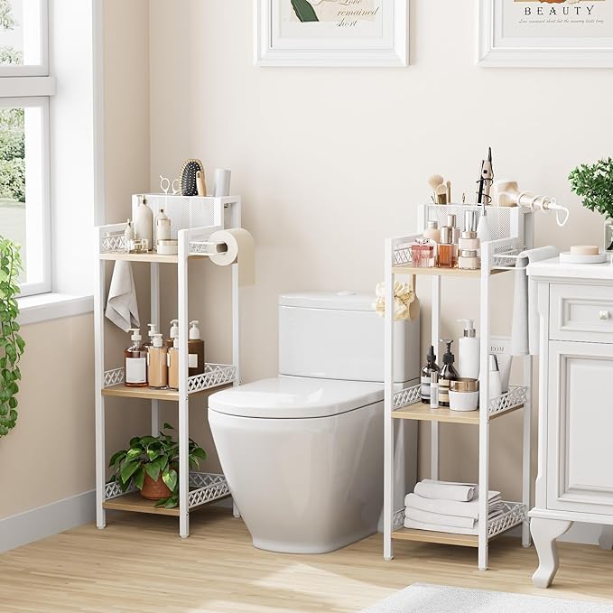Slim Bathroom Storage Shelf Unit, 3 Tier Corner Storage, Rustic Makeup Organizer, Space-Saving Floor Standing Storage Shelves for Bathroom, Vanity,Kitchen, Laundry 9.85in Matte White