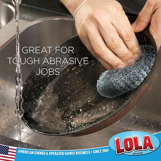 LOLA Steel Wool Wire Mesh Scouring Pad, 12 Pack, 4" Jumbo, Galvanized Steel, Heavy Duty Cleaning, Abrasive Scrubber, for Pots, Pans, Ovens, Grills