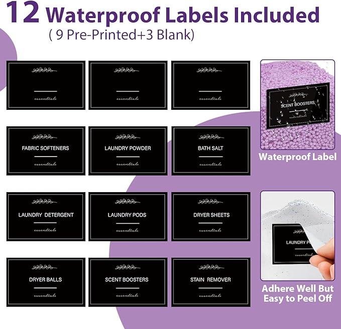 COAZEX 4 Pack Clear Laundry Pods Container, Plastic Square Laundry Room Organization and Storage Jars with Black Lids, Scoops & Labels for Detergent, Powder, Dryer Balls