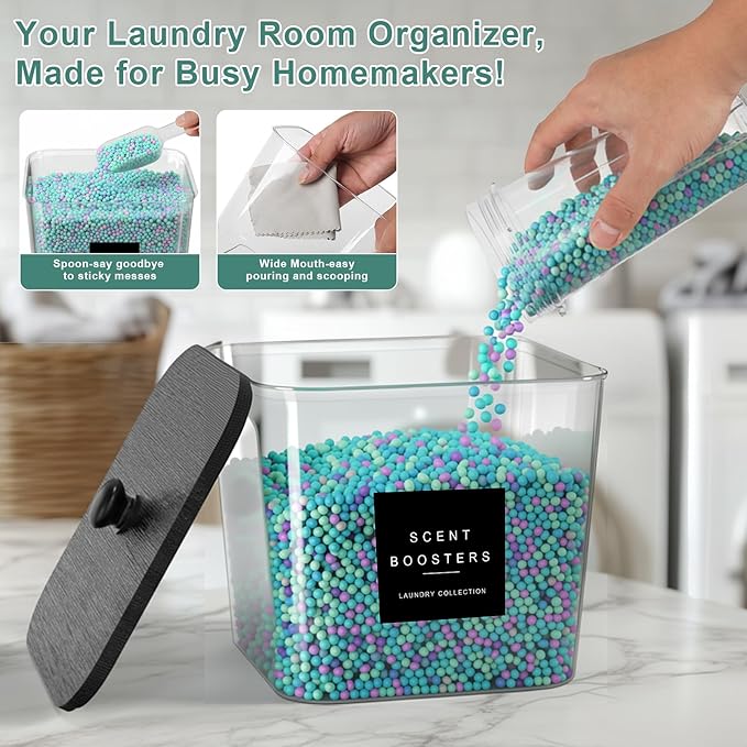 POLRAI 3 Pack Laundry Pod Containers and Dryer Sheet Holder Clear Jars with Bamboo Lids and Labels Laundry Room Organization Containers for Scent Booster Powder Detergent Pods Storage