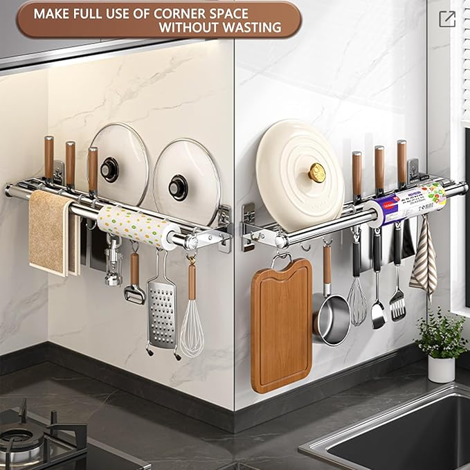 Hanging Wall Mount knife Wall Mount, Kitchen Organizer Storage Shelf for Utensils Spatula Spoon, Space-Saving Knife Rack with Hooks,Wall-Mounted Utensil Holder (Silver, 60CM+Single Pole+10Hooks)