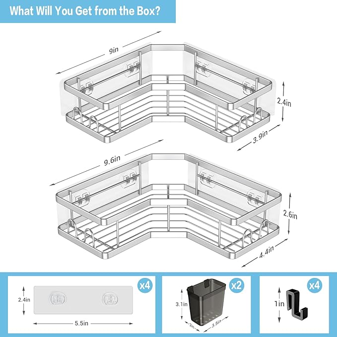 AKTECKE Corner Shower Caddy Shelf Rack: 2 Pack Adhesive Shower Organizer Essentials - No Drilling Stainless Steel Bathroom Storage Rack with Hooks and Toothpaste Holder