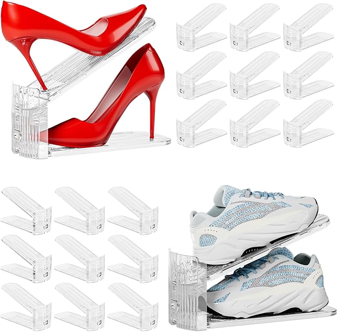 Neprock Shoe Slots Organizer for Closet, 20 Pack Acrylic Shoe Stackers Shoe Rack Holder, 3 Levels Adjustable Thickening Shoe Display Shoe Storage 50% Space Saving Zapateras Organizer (Clear,20 Pack)