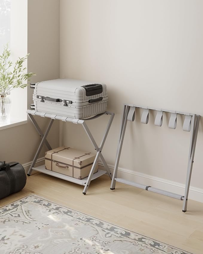 Hzuaneri Luggage Rack, Folding Suitcase Stand for Guest, Foldable, Luggage Holders with Shelf, Steel Frame with Nylon Straps for Bedroom, Hotel, Holds up to 154 lb, Grey, 2 Pack LR03999G