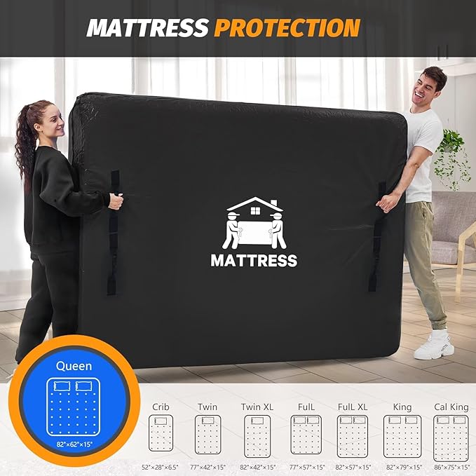 Mattress Bags for Moving, BETU Mattress Protector Waterproof Mattress Cover Queen Size Storage Bags with 8 Heavy-Duty Handles and Zipper for Bed Extra Thick Large Reusable (82"x62"x15" Black)