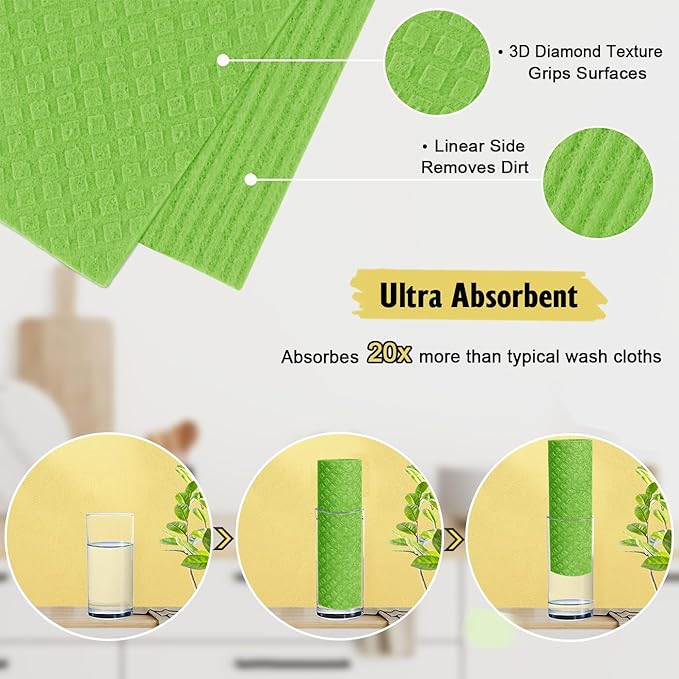 Swedish Dishcloths for Kitchen | 6 Pack Absorbent Cellulose Sponge Cloths Washable | Non-Scratch Reusable Paper Towels Quick Drying Cleaning Cloths - Lime Green