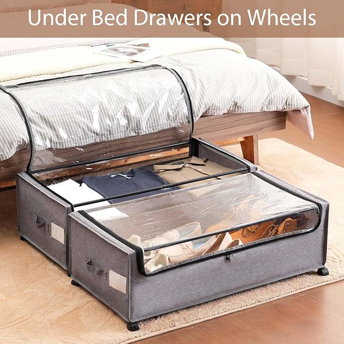 FOUCSSOMEI 4-Packs Under Bed Storage with Wheels, Under The Bed Storage Drawers On Wheels, Rolling Underbed Drawers, Lockable, Heavy Duty, XXXXL Size 90L