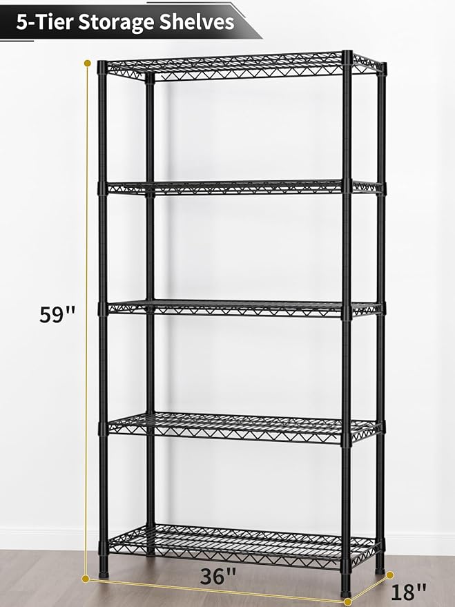 Golpart 5 Tier Heavy Duty Adjustable Storage Shelf Organizer Storage Metal Shelves Garage Wire Shelving Unit Pantry Rack 18" D x 36" W x 71.25" H,Black