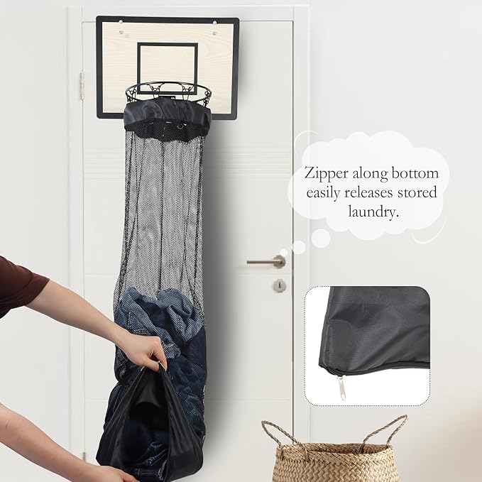 Wooden Basketball Laundry Hamper，Over the Door Basketball Hoop Laundry Basket with Zipper for Kids Room,Dorm Rooms,Bathroom,Saving Space Storage and Organization - White (White)