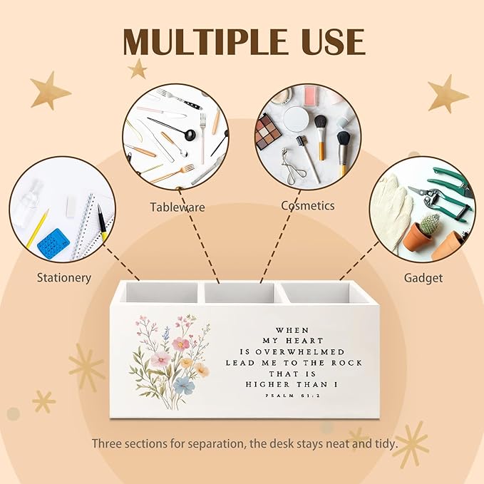 Floral Christian Wooden Utensils Holder, Wildflower Psalm 61 : 2 Bible Scripture Religious Wood Cooking Utensil Holder Organizer for Kitchen Countertop Counter Decor Accessories