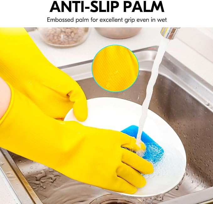 Vgo... 5-Pairs Reusable Household Gloves, Rubber Dishwashing gloves, Extra Thickness, Long Sleeves, Kitchen Cleaning, Working, Painting, Gardening, Pet Care (Size M, Yellow, HH4601)