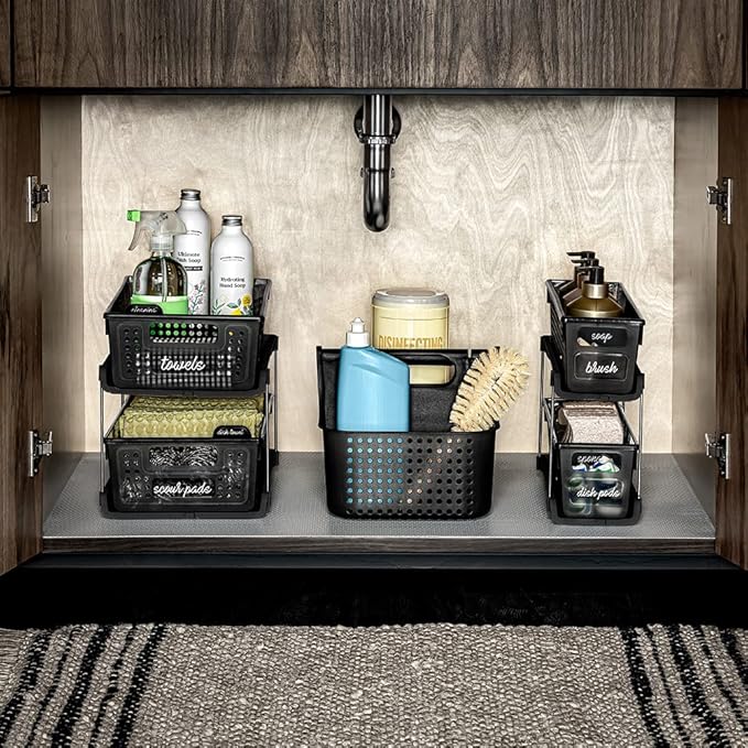 madesmart Antimicrobial 2-Tier Organizer Multi-Purpose Slide-Out Storage with Handles and Dividers for Home and Bath, Pack of 1, Carbon