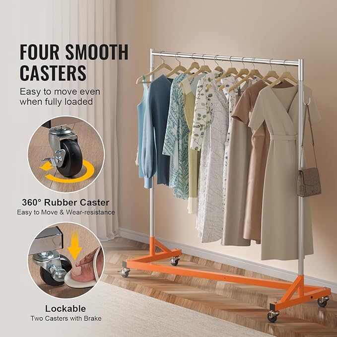 VEVOR Z Rack, Industrial Grade Z Base Garment Rack, Rolling Sturdy Steel Z Base Clothing Rack with Lockable Casters, for Home Clothing Store Display Orange (3 Sets)