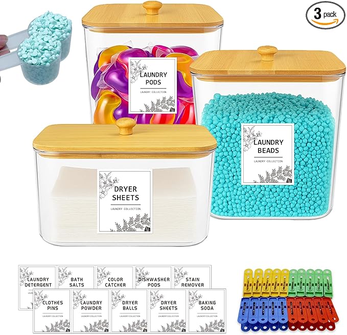 2+1 Laundry Pods Container and Dryer Sheet Holder Set, Clear Laundry Room Organization Containers with Bamboo Lids, Scoops, 10 Labels & 20 Clothespins, Laundry Containers for Pods and Powder