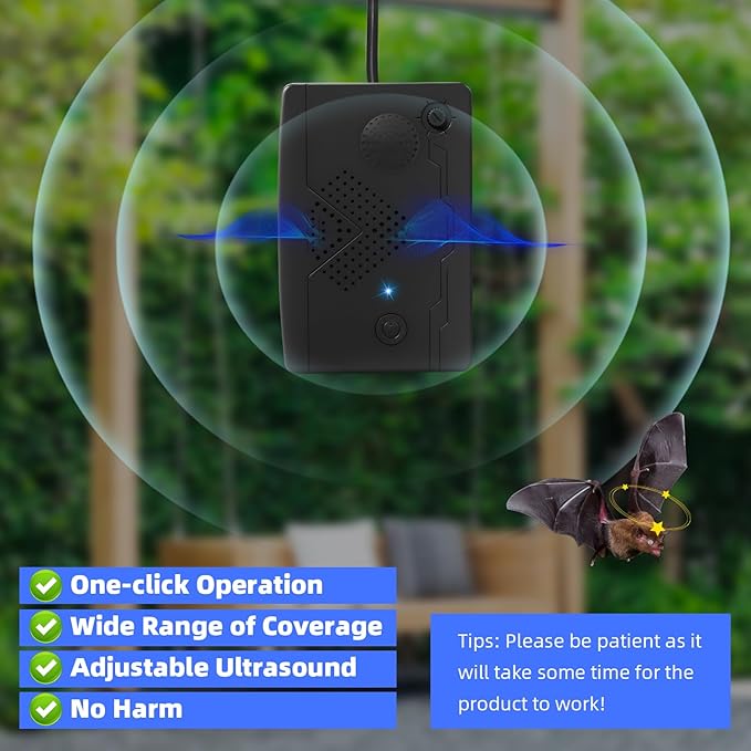 Bat Deterrent Devices,Bat Repellent for Attic,Rechargeable Bird Repellent,Porch & House | Bats Removal Do It Yourself for Indoor & Outdoor | Friendly to Human & Pet (2, Black)