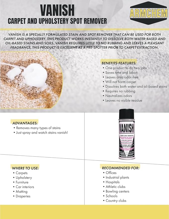 Vanish Carpet & Upholstery Spot Remover, 18 oz– Fast-acting Carpet stain remover with deep-clean formula. No residue, safe on all fabrics, and easy to apply.