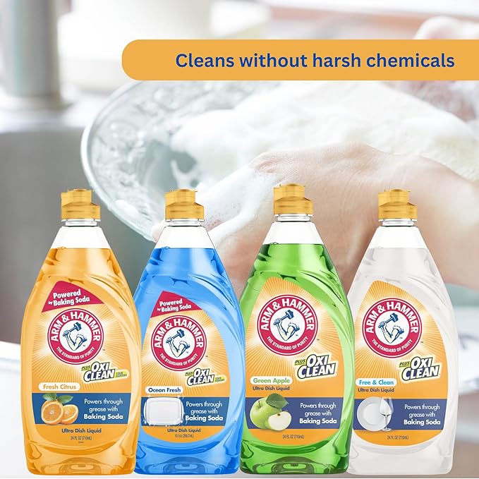 Arm & Hammer + OxiClean Dish Soap, Ocean Fresh Scent, 24 oz, Powerful Grease-Cutting Liquid Dish Detergent