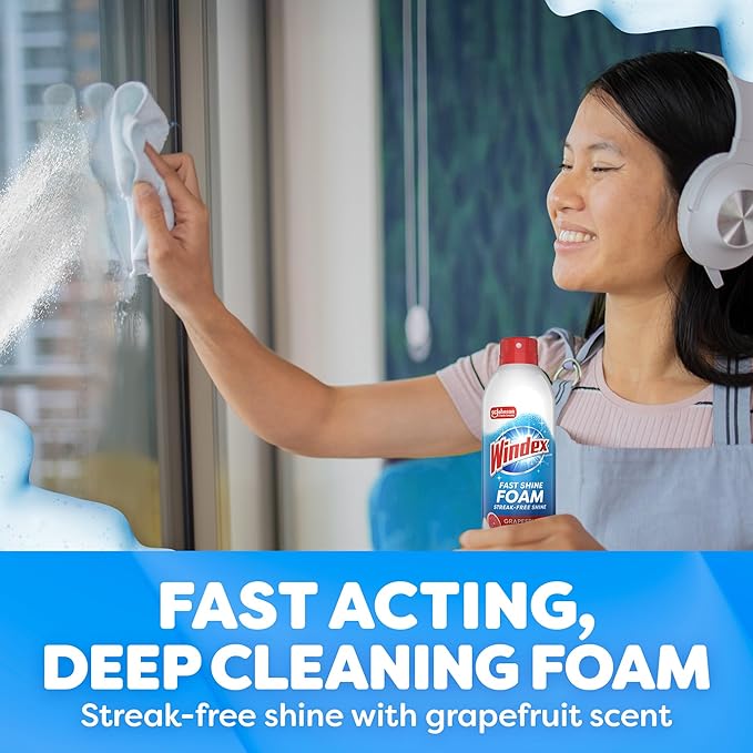 Windex Fast Shine Foam Glass Cleaner Supplies, No-Drip Window & Mirror Aerosol Spray, Streak-Free, Removes Fingerprints, Dust, Dirt & Smoke Film, Grapefruit Scent, 19 oz (Pack of 2)