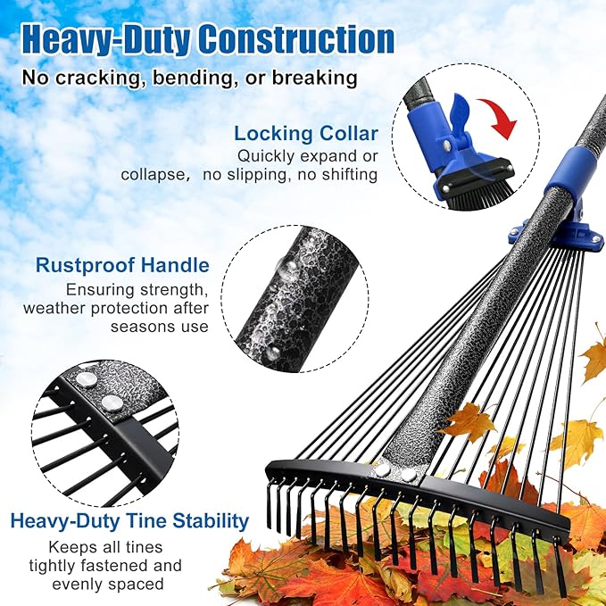 Rake for Leaves: Adjustable Metal Leaf Rake for Lawn, 8-17" Expandable Head,75” Long Handle,Collapsible Heavy Duty Women Kids Garden Rakes for Yard Pine Needles Mulch Grass Debris Gardening Camping
